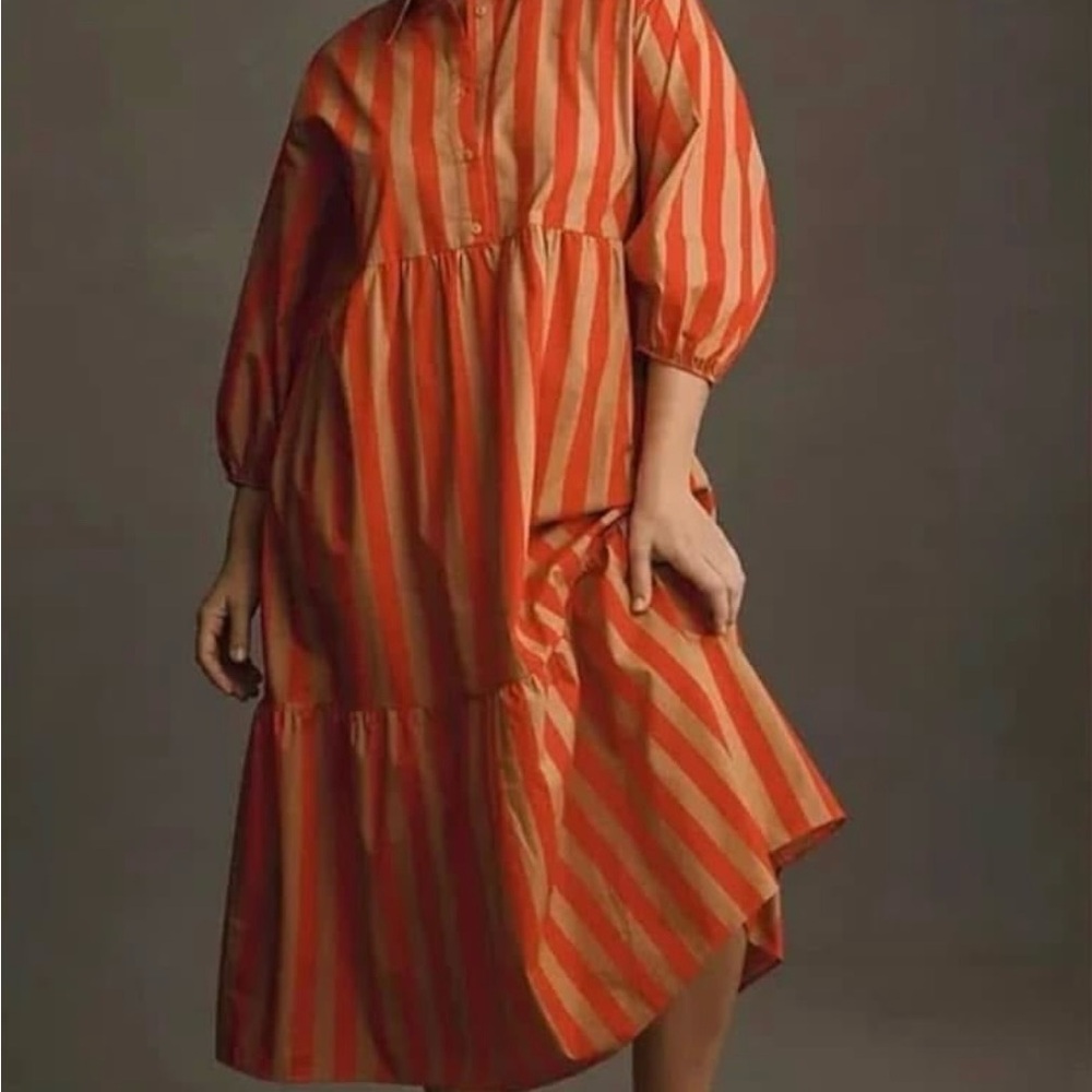 Anthropologie - Bettina Striped Orange and Red Women's Dress
